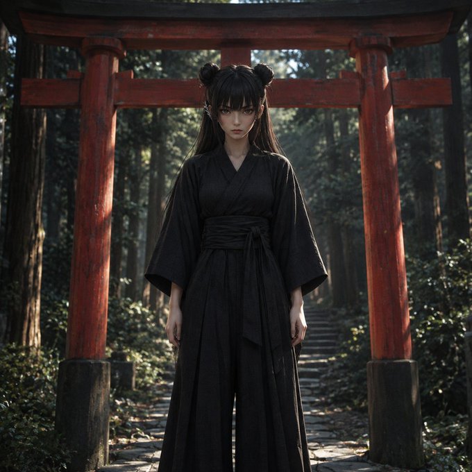 A woman with dark hair styled in twin buns stands wearing a flowing black kimono in front of a red torii gate.