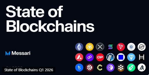 The image features a poster or banner with a black background that displays various logos and icons related to state of blockchains. The text "State of Blockchains Q1/2026" is written at the top, indicating the quarter for which this information was collected. The poster also includes a list of different types of blockchains along with their respective symbols or logos.