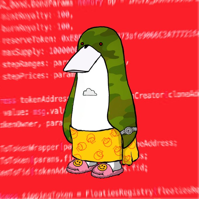 A cartoon penguin wearing green camouflage armor and yellow shorts with smiley face patterns, standing against a bright red background overlaid with blurred white computer code.
