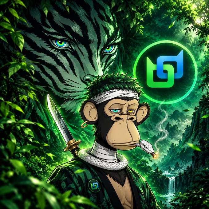 A digital illustration of a monkey with a sword, a snake, and a cigarette, set against a jungle backdrop with a large tiger face and a glowing green and blue logo.