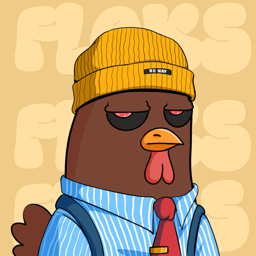 An illustration of a brown chicken character wearing a yellow beanie with a 'NO WAY' label, a blue striped shirt, and a red tie.