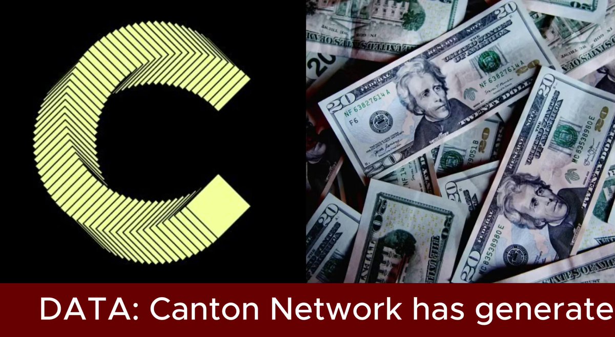 The image presents a side-by-side comparison of two types of currency symbols, one being the letter "C" which represents data and network services by Canton Network, and the other symbolizing money or bills representing fees generated from the network. The text in the image provides a summary that Canton Network has outperformed many major platforms for fee revenue, including @Uniswap @aave.