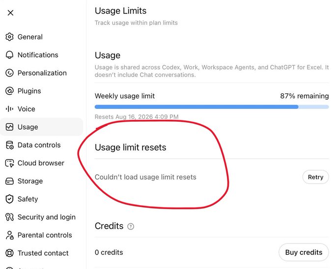 Screenshot of ChatGPT's Usage Limits settings page showing an error message "Couldn't load usage limit resets" circled in red beneath a weekly usage bar at 87% remaining (resets Aug 16, 2026), illustrating the user's claim that Codex is rolling out the removal of banked limit resets from user accounts.