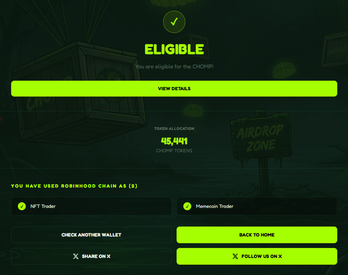 A dark-themed 'ELIGIBLE' confirmation page for a CHOMPI airdrop, showing a token allocation of 45,444 CHOMP tokens.