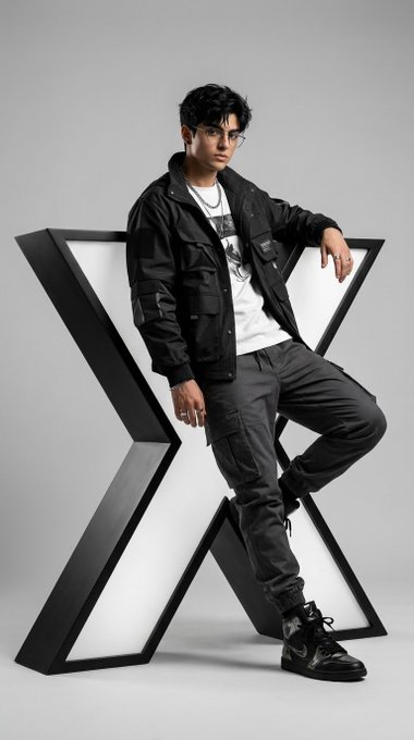 A young man with glasses poses against a large illuminated X-shaped light installation. He wears a black jacket over a white graphic t-shirt, gray cargo pants, and black Nike sneakers.