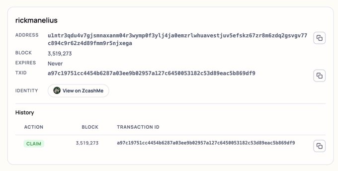 A Zcash transaction record showing a 'CLAIM' action for username 'rickmanelius' on block 3,519,273 with transaction ID a97c19751cc4454b6287a03ee9b02957a127c6450053182c53d89eac5b869df9.