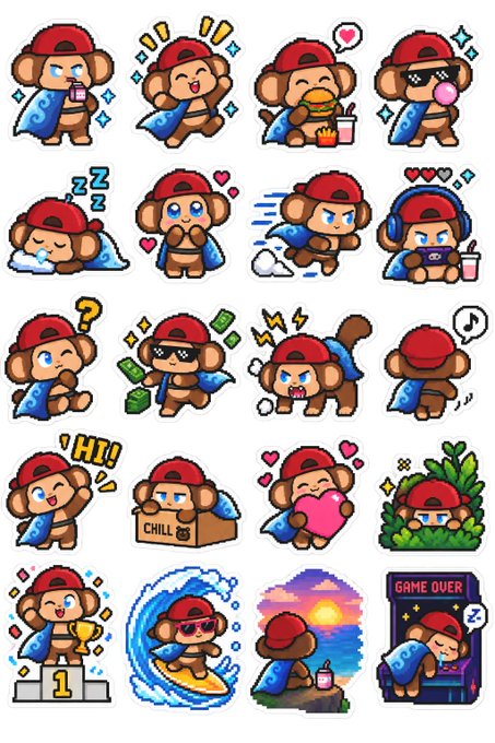 A sticker sheet featuring multiple cute cartoon monkey characters wearing red caps and blue scarves, shown in various poses including sleeping, surfing, gaming, and holding a trophy.