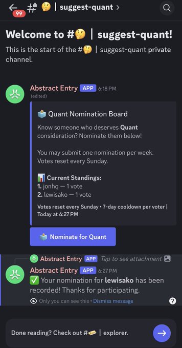 The image shows a social media post about an abstract voting system, where users are encouraged to vote for their favorite abstract concepts or ideas. The post includes a list of abstract concepts that people can choose from, along with a description of each concept. It also mentions that there is a nomination process in place and that the user's vote will be counted towards the current week's winner.