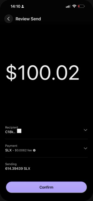 A mobile wallet "Review Send" screen showing a $100.02 payment of 614.39439 SLX being sent to a recipient (C18k...), aligning with the post's celebration of claiming a daily $100 reward.