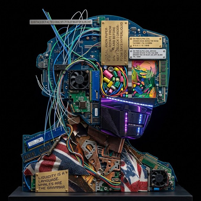 A detailed sculpture of a human profile composed of computer hardware, circuit boards, wires, and pills, with plaques reading 'ROYAL ANON PAPER: ROTATE FROM SIN, OR ARB BEFORE NEXT UNLOCK ORDER: FLOW SAYS HYPERLIQUID', multilingual 'SM FREN ALPHA LEAK' notes, and 'LIQUIDITY IS A LANGUAGE, WHALES ARE THE GRAMMAR.'