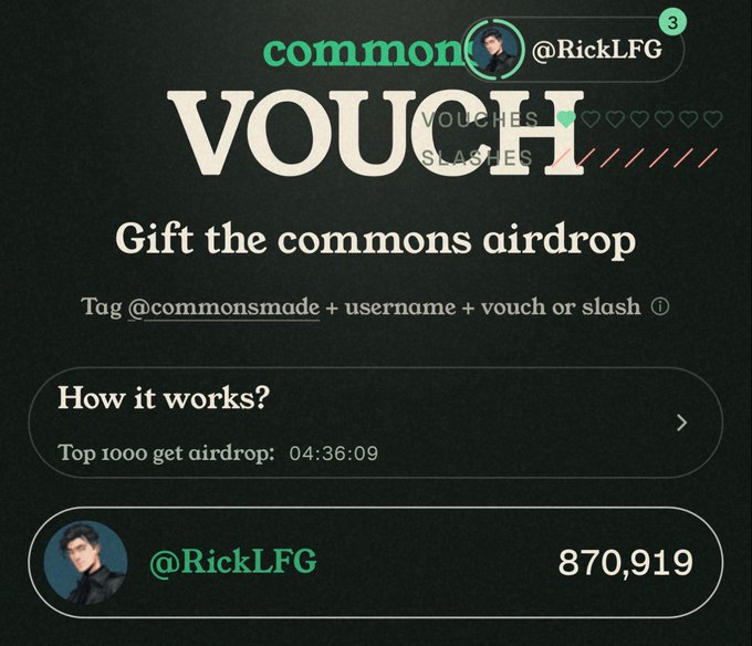 A screenshot of a Commons platform vouching interface for user @RickLFG, showing 870,919 points and a countdown of 04:36:09 for the top 1000 airdrop recipients, directly supporting the post's claim of ranking #600 with 870K points and approximately 5 hours remaining until the Commons Airdrop.