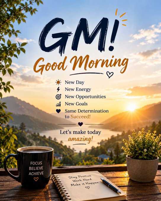 A motivational "GM! Good Morning" graphic featuring a scenic sunrise, a coffee mug reading "FOCUS BELIEVE ACHIEVE," and a notebook listing affirmations.
