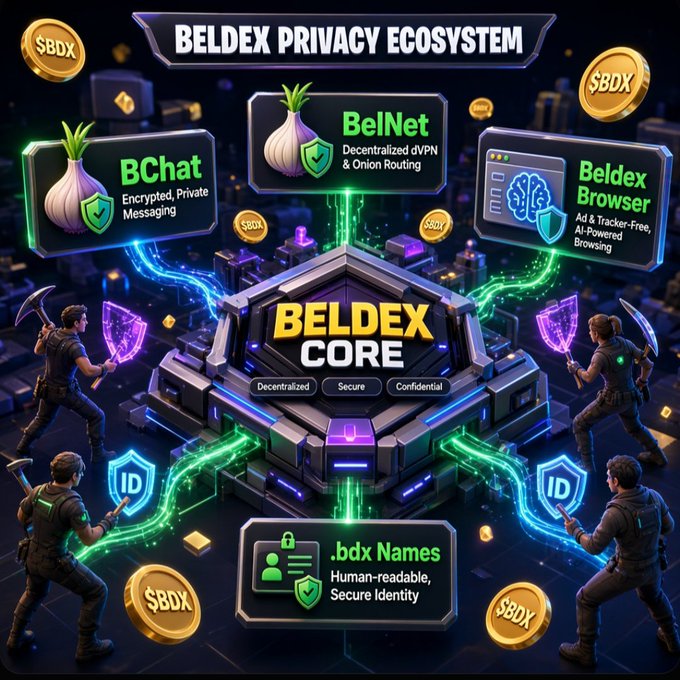 A promotional graphic for the Beldex Privacy Ecosystem, showcasing BelNet, BChat, Beldex Browser, .bdx Names, and Beldex Core as decentralized and secure services.