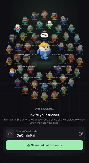 Mobile referral screen showing cartoon avatars in a circle with 'You' in the center, a referral code 'OnChainKai', and a prompt to share link with friends for up to $50.