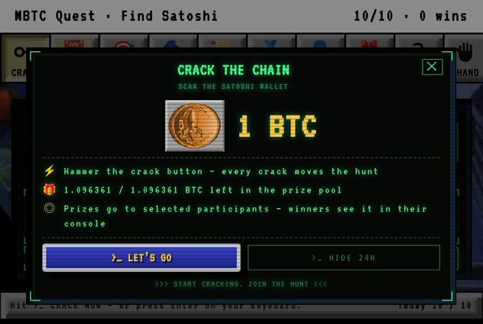 The image shows a "CRACK THE CHAIN" reward pool interface displaying "1 BTC" as the prize, with the pool progress at 1.096361 / 1.096361 BTC filled and instructions to "Hammer the crack button" to participate in the Satoshi wallet hunt. This visual aligns with the post's announcement of a 1.1 BTC reward pool (~$100K) for the @1096361BTC MemBitcoin farming initiative, offering an additional incentive for participants.