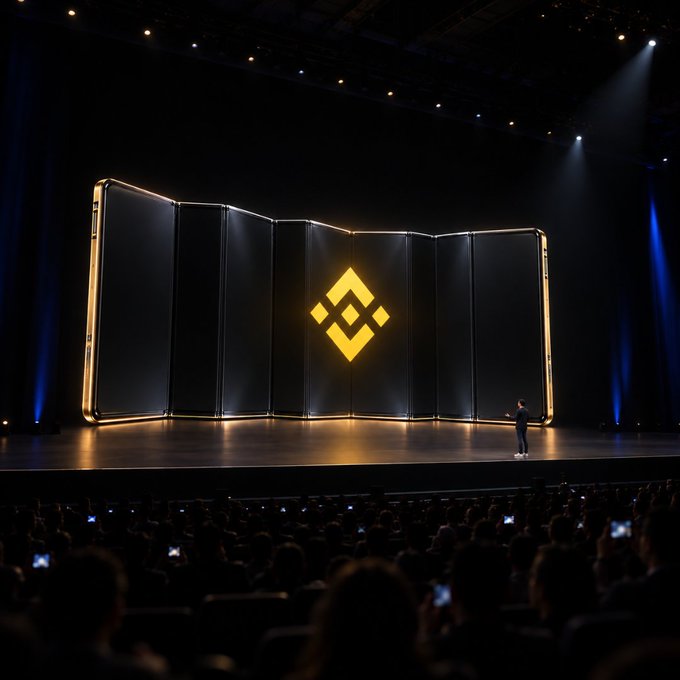 A presenter stands on a large stage in front of a massive folding screen displaying the glowing yellow Binance logo, with a dimly lit audience watching below. The image ties to the post by visually representing Binance's "dual folding" concept through the large foldable display, symbolizing the platform's expanding and adaptable approach to asset selection.