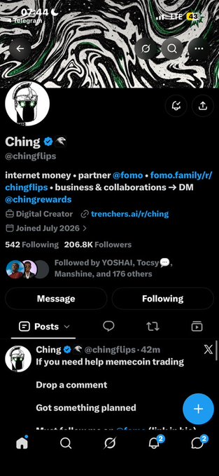 Twitter profile for Ching (@chingflips) with 206.8K followers, showing a recent post about memecoin trading.