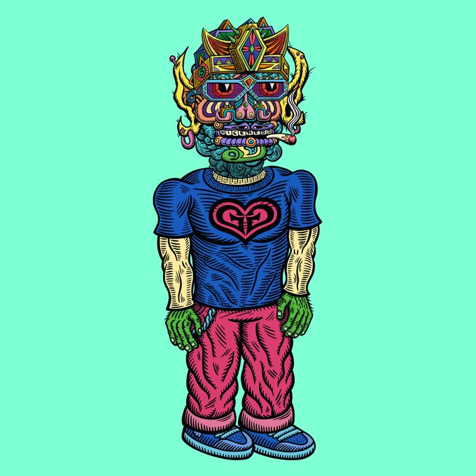 Stylized digital illustration of a humanoid figure with an ornate colorful mask-like face, wearing a blue t-shirt with a heart logo and pink pants against a teal background.