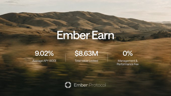 A promotional graphic for Ember Protocol's Ember Earn stablecoin vault, displayed over a rolling hills landscape, highlighting key metrics: 9.02% Average APY (60D), $8.63M Total Value Locked, and 0% Management & Performance Fee. The image showcases the flagship product mentioned in the post as the starting point for Ember Protocol's stablecoin strategies integrated across Sui Network DeFi protocols.