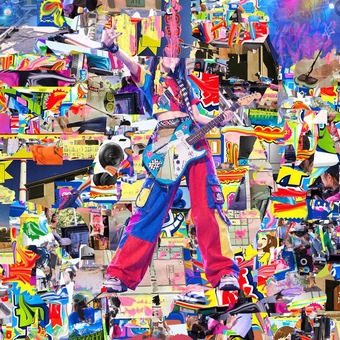 A vibrant, chaotic collage centered on a guitarist in colorful patchwork pants playing a blue electric guitar against a densely packed background of varied images and patterns.