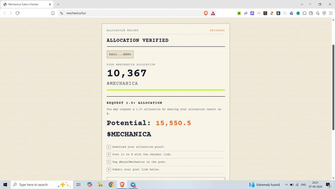 A screenshot of the Mechanica Token Checker showing 'ALLOCATION VERIFIED' with a wallet address (0x21...0680), a Mechanica allocation of 10,367 tokens, and a potential airdrop value of 15,550.5 $MECHANICA.