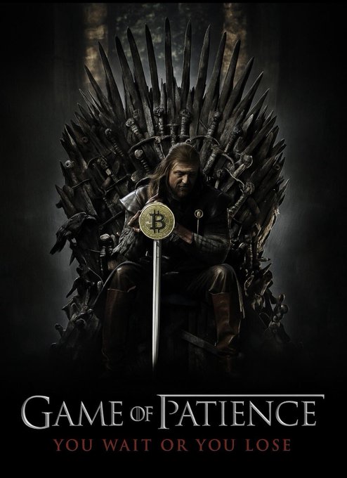 A medieval figure sits upon an Iron Throne-like throne of swords, holding a sword emblazoned with the Bitcoin "₿" logo as its pommel, beneath the text "GAME OF PATIENCE — YOU WAIT OR YOU LOSE." The imagery directly reinforces the post's message, framing Bitcoin holding as a test of endurance where only those who wait through long, difficult stretches are ultimately rewarded with the throne.
