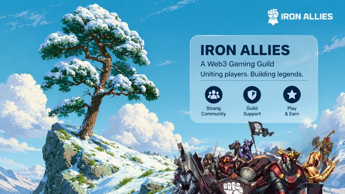 A promotional image for 'IRON ALLIES', described as 'A Web3 Gaming Guild Uniting players. Building legends.', featuring a snowy landscape with a large tree and armored warriors at the bottom right.