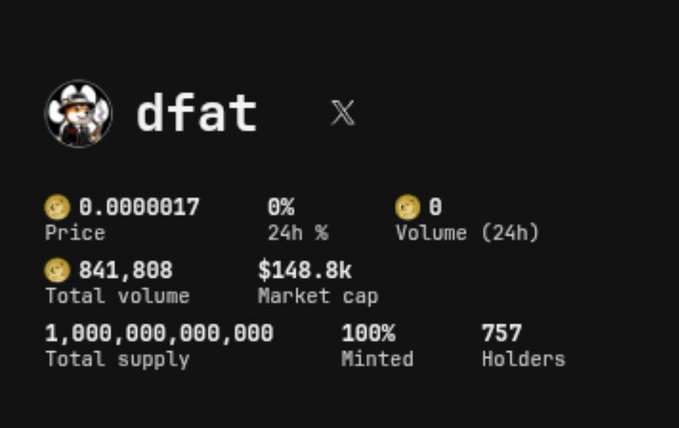 A cryptocurrency tracker showing the token "dfat" with a cowboy profile picture, priced at 0.0000017, with a total supply of 1,000,000,000,000, 100% minted, and 757 holders.