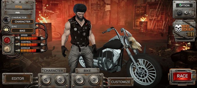 A character selection screen for a game called '3RD BIKER', showing a character named 'King' in a black vest and beret standing next to a custom motorcycle with a skull ram design.