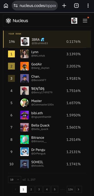 A screenshot of a leaderboard on nucleus.codes showing ranks and usernames, with user 'IBRA (@IbraIIWeb3)' at rank 196 and 'Lynn (@NKLinhzk)' at rank 1.