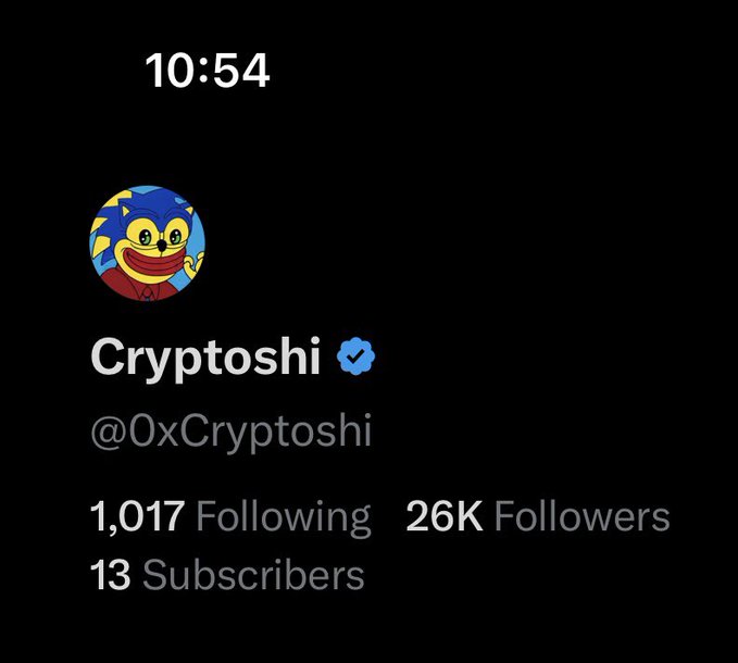 The image shows a Twitter/X profile screenshot for "Cryptoshi" (@0xCryptoshi), displaying a blue verified badge, 26K followers, 1,017 following, and 13 subscribers, directly celebrating the "26k" milestone mentioned in the post.