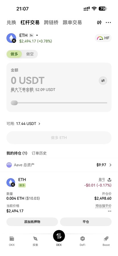 A mobile trading app screenshot showing ETH price at $2,494.17 (+0.78%), with options for leveraged trading, available balance of 17.44 USDT, and a small ETH position showing -$0.01 (-0.17%) unrealized P&L.
