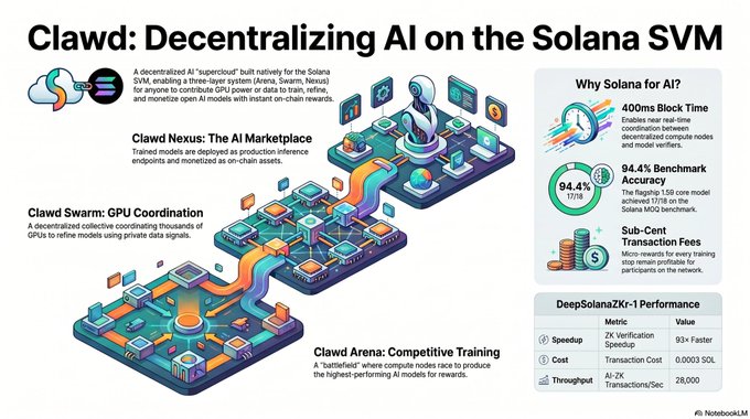 An infographic titled "Clawd: Decentralizing AI on the Solana SVM" by NotebookLM, detailing Clawd Nexus, Clawd Swarm, Clawd Arena, and performance metrics like 400ms block time and 93x ZK verification speedup.