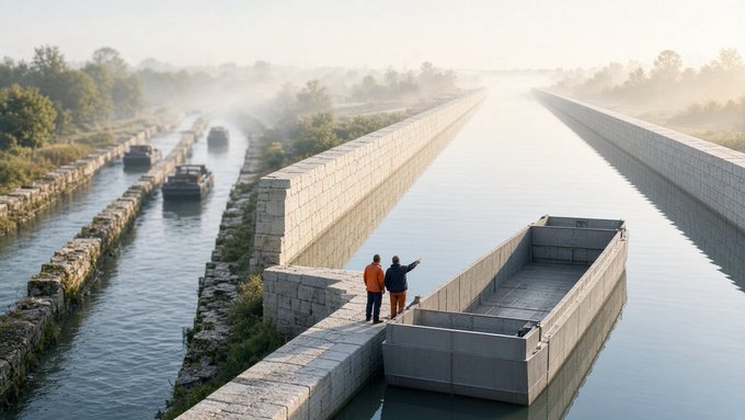 Two workers in orange high-visibility clothing standing on a stone embankment next to a concrete lock chamber on a misty canal, with boats visible in the distance.