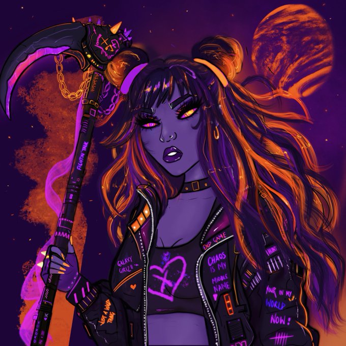 Digital illustration of a purple-skinned character with long hair, glowing eyes, and a spiked jacket covered in graffiti (including "CHAOS IS MY MIDDLE NAME" and "RAINBOW WARS") holding a scythe, with a large planet in the background.