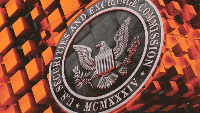 The seal of the U.S. Securities and Exchange Commission featuring an eagle, displayed against a backdrop of orange 3D blocks.