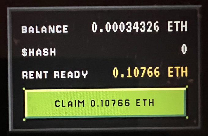 A digital display screen showing a cryptocurrency wallet interface with a balance of 0.00034326 ETH, $HASH of 0, and a rent ready amount of 0.10766 ETH.