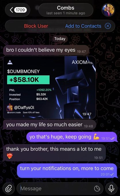 A Telegram chat with "Combs" shows a subscriber celebrating a "$DUMBMONEY" trade by @DaffysOl via AXIOM Pro, reporting a +1092.20% PNL on a $5.32K investment yielding +$58.10K profit, directly illustrating the post's claim of subscribers turning $5K into $60K in 10 hours.