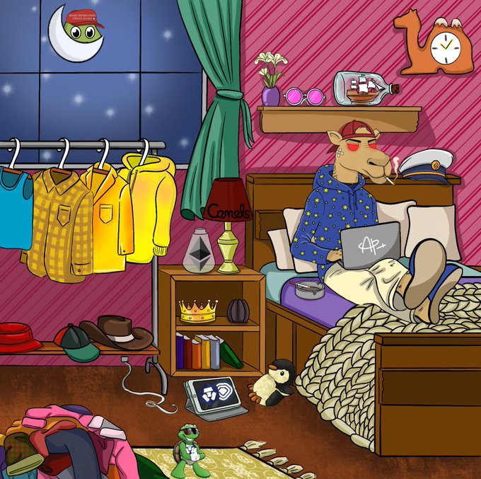 The image shows a cartoon camel character in pajamas relaxing on a bed with a laptop, smoking, in a cluttered bedroom with various items including hats, clothes, and a ship in a bottle, with a moon visible through the window. The caption "Time to rest X!" references the camel taking a break, aligning with the #3DCamels NFT promotion emphasizing rest and relaxation as part of the motivational message.