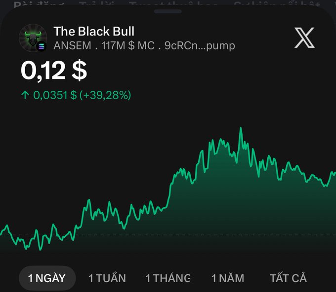 A mobile screenshot shows the memecoin "The Black Bull" (ANSEM) trading at $0.12, up $0.0351 (+39.28%), with a 1-day price chart on pump.fun displaying a sharp upward trend; the Vietnamese caption highlights ANSEM as Solana's hottest trend, noting its rapid rise from a few hundred thousand to over $100M market cap fueled by viral TikTok edits.