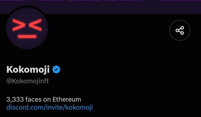 The image shows a Twitter/X profile page for "Kokomoji" (@Kokomojinft) featuring a red smiling emoticon-style avatar, noting "3,333 faces on Ethereum" with a Discord invite link. The profile relates to the accompanying post as it identifies the NFT project (Kokomoji) that received a max allocation from @iamnick44.