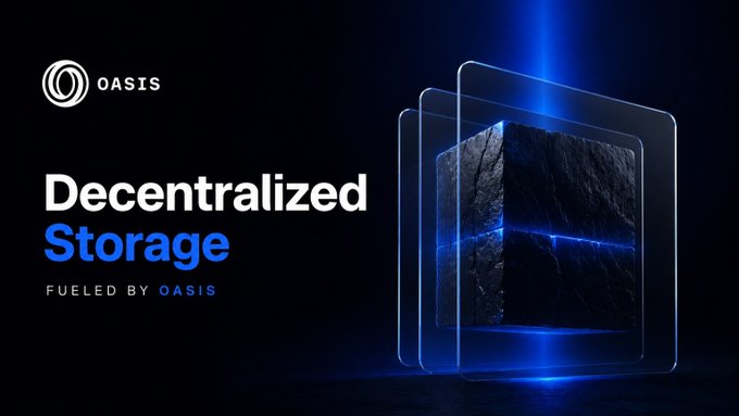 A promotional graphic for Oasis featuring the text 'Decentralized Storage FUELED BY OASIS' alongside a glowing 3D cube surrounded by transparent panels.