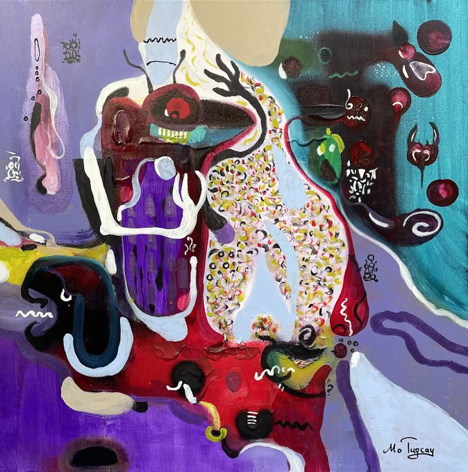 A colorful abstract painting filled with surreal figures, eyes, and organic shapes, signed "Mo Tuguay" in the bottom right corner.