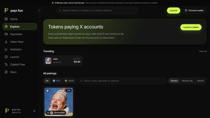 Screenshot of the payr.fun website showing a 'Tokens paying X accounts' dashboard with navigation menu including Home, Explore, Payments, Claim Fees, Analytics, Launch, Capital Flow, and Docs.