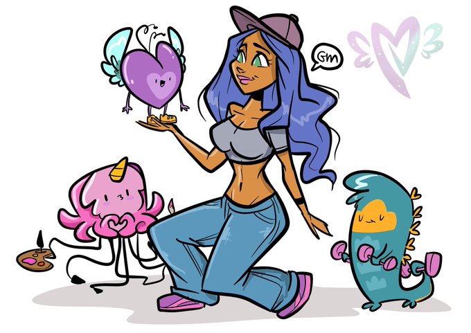 A colorful cartoon drawing of a blue-haired woman in a cap and gray top with three cute monster-like creatures around her, with 'ΣM3' written in the corner.