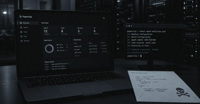 A dark scene showing a laptop displaying a 'Paperclip' dashboard alongside a terminal window and a printed 'package.json' file with a skull logo.