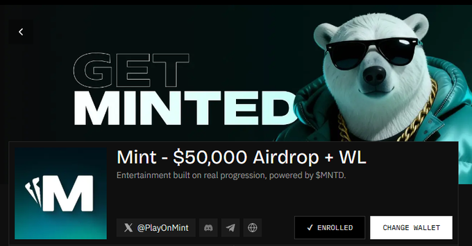 A promotional banner for 'GET MINTED' featuring a 3D polar bear wearing sunglasses and a jacket, advertising a '$50,000 Airdrop + WL' with social handles and an 'ENROLLED' status.