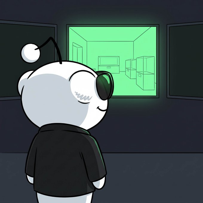 A cartoon illustration of a white bear-like character wearing sunglasses and a black jacket, viewed from behind, looking into a green-lit window display of empty boxes.