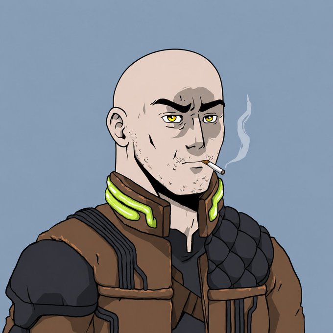 A digital illustration of a bald, stern-looking male character with yellow eyes, stubble, and a lit cigarette in his mouth, wearing a brown jacket with green tubing over a black shirt against a plain blue-gray background.
