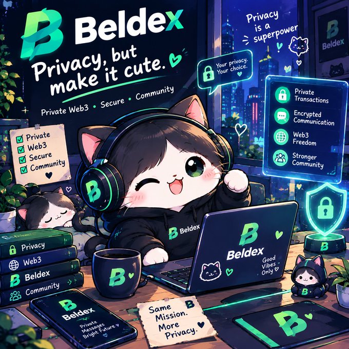 An illustrated promotional graphic for Beldex featuring a cat character with headphones using a laptop, with the slogan 'Privacy, but make it cute'.